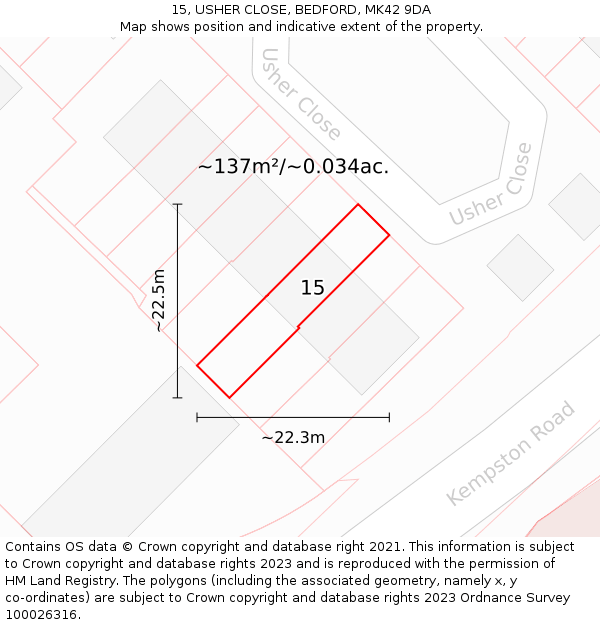 15, USHER CLOSE, BEDFORD, MK42 9DA: Plot and title map