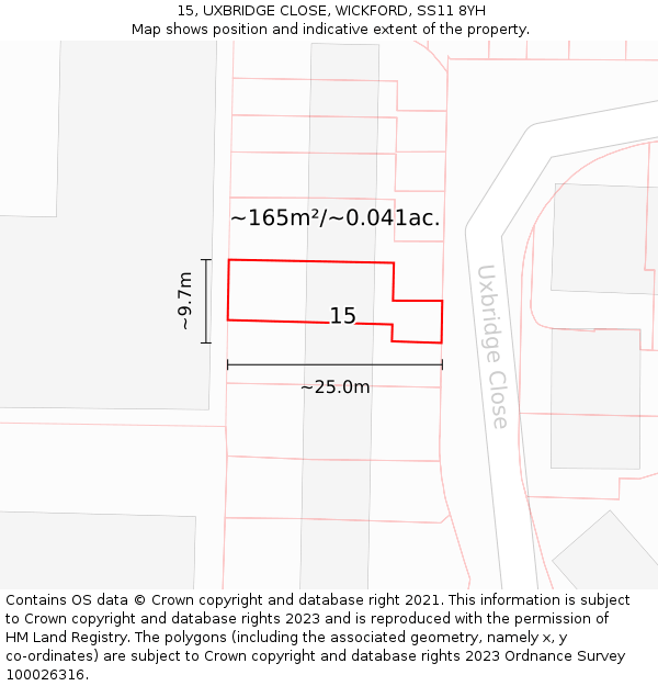 15, UXBRIDGE CLOSE, WICKFORD, SS11 8YH: Plot and title map