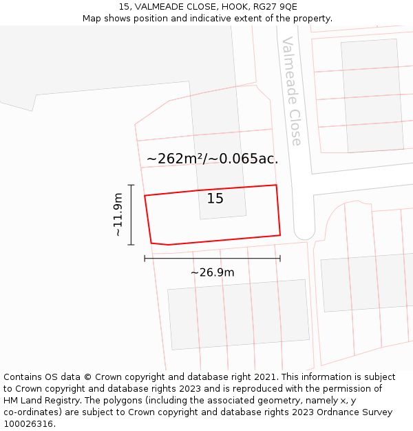 15, VALMEADE CLOSE, HOOK, RG27 9QE: Plot and title map