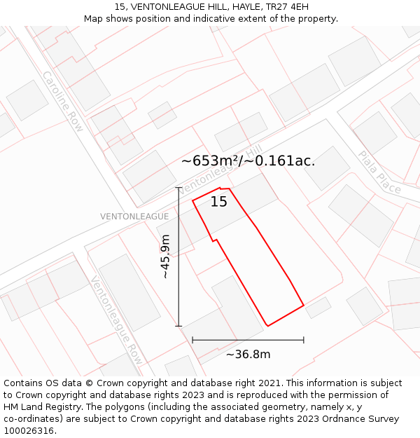 15, VENTONLEAGUE HILL, HAYLE, TR27 4EH: Plot and title map