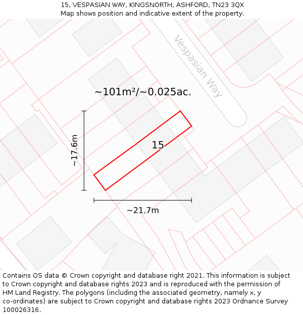 15, VESPASIAN WAY, KINGSNORTH, ASHFORD, TN23 3QX: Plot and title map