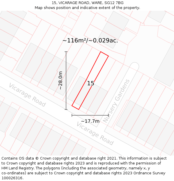 15, VICARAGE ROAD, WARE, SG12 7BG: Plot and title map