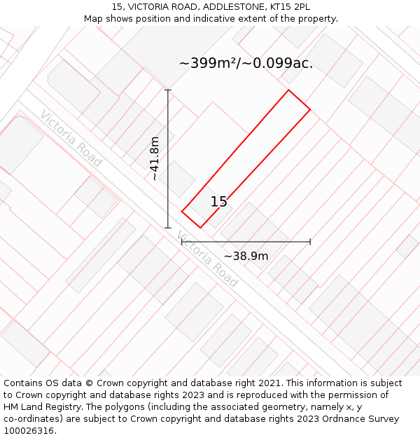 15, VICTORIA ROAD, ADDLESTONE, KT15 2PL: Plot and title map