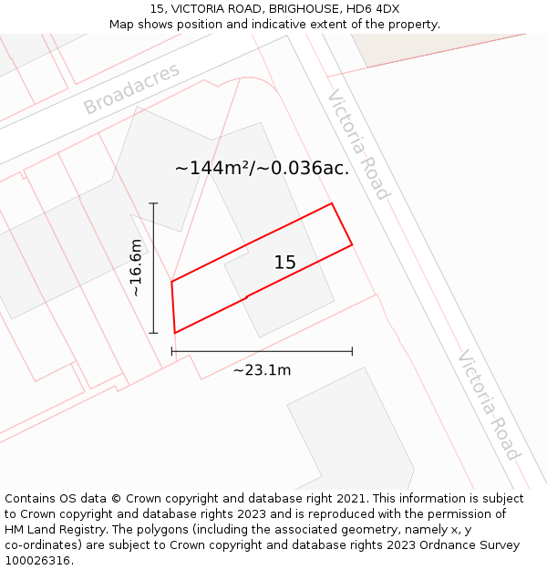 15, VICTORIA ROAD, BRIGHOUSE, HD6 4DX: Plot and title map