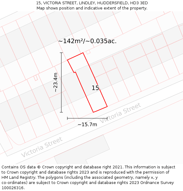 15, VICTORIA STREET, LINDLEY, HUDDERSFIELD, HD3 3ED: Plot and title map