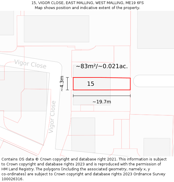 15, VIGOR CLOSE, EAST MALLING, WEST MALLING, ME19 6FS: Plot and title map
