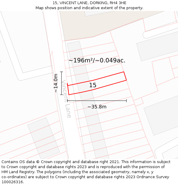 15, VINCENT LANE, DORKING, RH4 3HE: Plot and title map