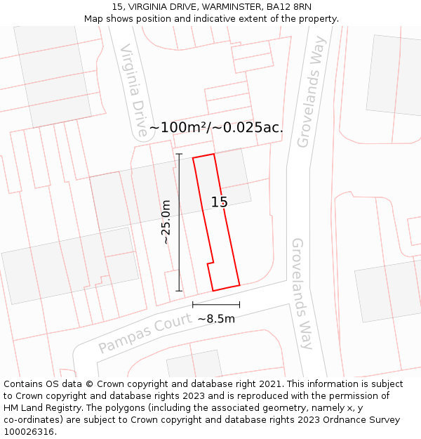 15, VIRGINIA DRIVE, WARMINSTER, BA12 8RN: Plot and title map