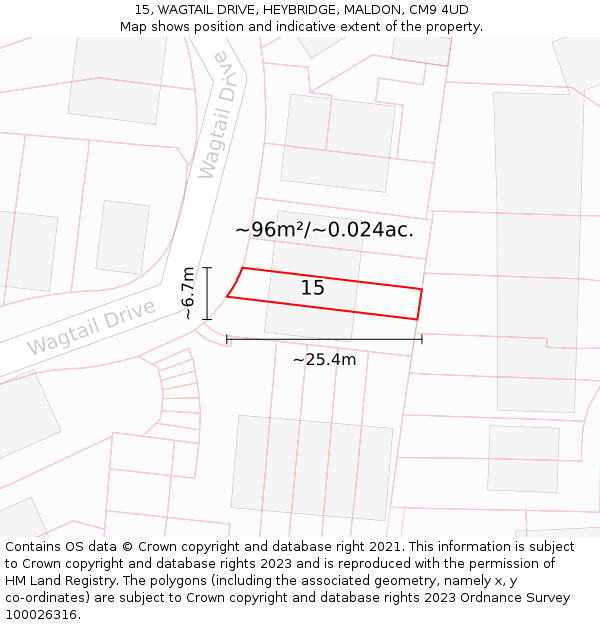 15, WAGTAIL DRIVE, HEYBRIDGE, MALDON, CM9 4UD: Plot and title map