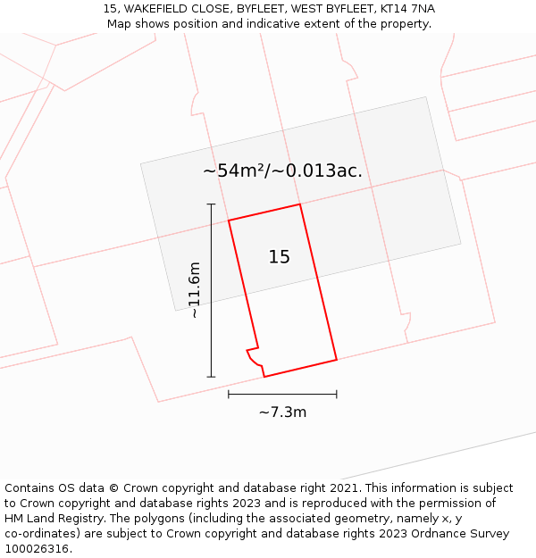 15, WAKEFIELD CLOSE, BYFLEET, WEST BYFLEET, KT14 7NA: Plot and title map