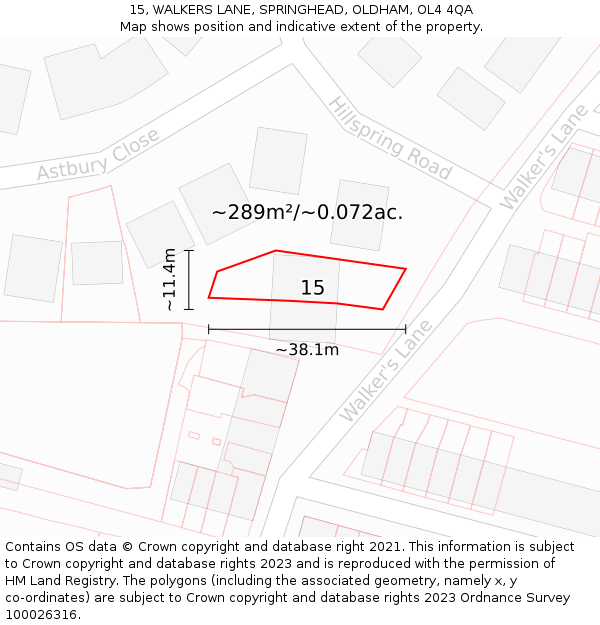 15, WALKERS LANE, SPRINGHEAD, OLDHAM, OL4 4QA: Plot and title map