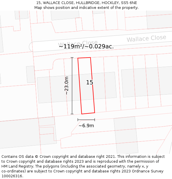 15, WALLACE CLOSE, HULLBRIDGE, HOCKLEY, SS5 6NE: Plot and title map