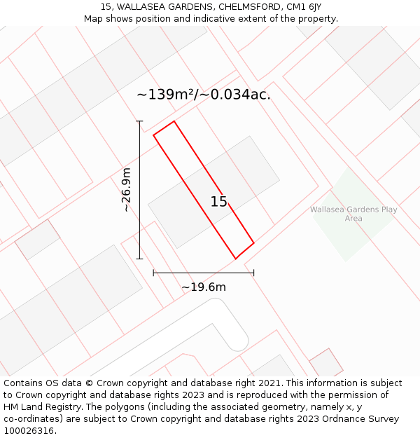 15, WALLASEA GARDENS, CHELMSFORD, CM1 6JY: Plot and title map
