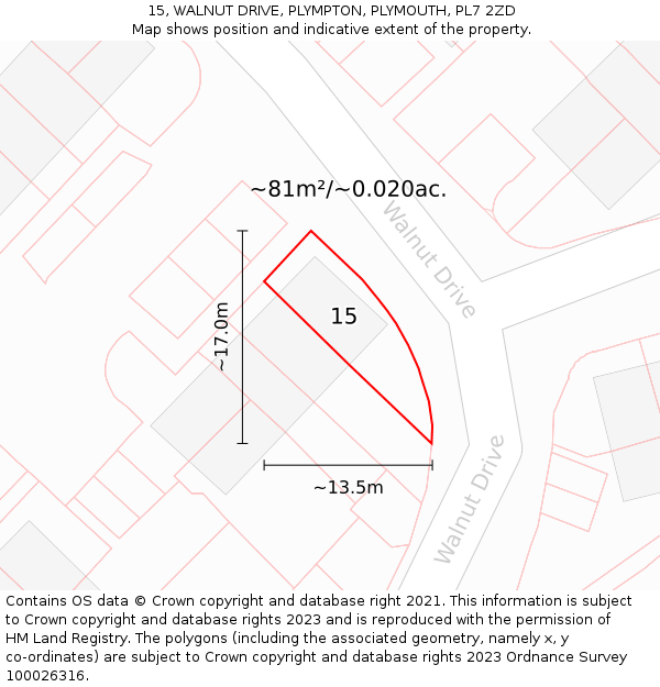15, WALNUT DRIVE, PLYMPTON, PLYMOUTH, PL7 2ZD: Plot and title map