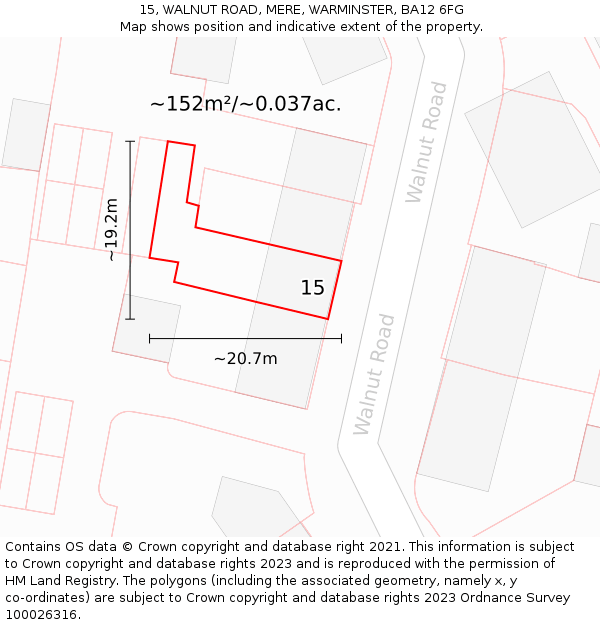 15, WALNUT ROAD, MERE, WARMINSTER, BA12 6FG: Plot and title map