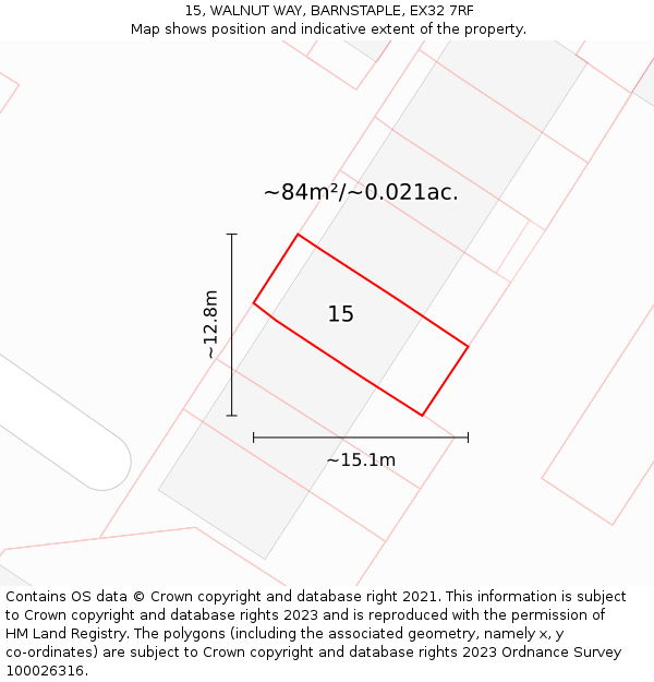 15, WALNUT WAY, BARNSTAPLE, EX32 7RF: Plot and title map