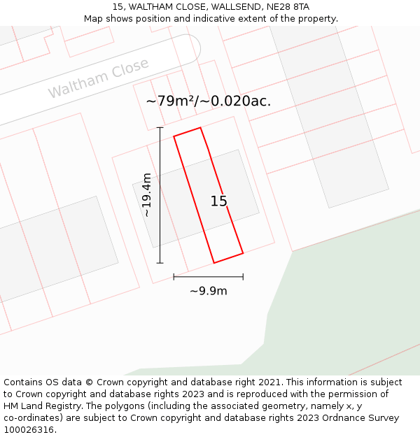 15, WALTHAM CLOSE, WALLSEND, NE28 8TA: Plot and title map