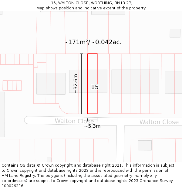 15, WALTON CLOSE, WORTHING, BN13 2BJ: Plot and title map