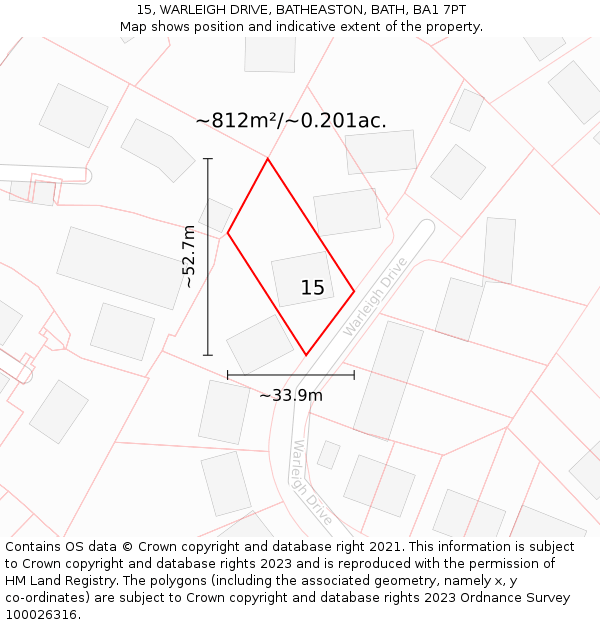 15, WARLEIGH DRIVE, BATHEASTON, BATH, BA1 7PT: Plot and title map