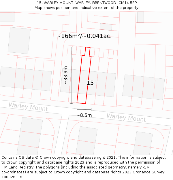 15, WARLEY MOUNT, WARLEY, BRENTWOOD, CM14 5EP: Plot and title map