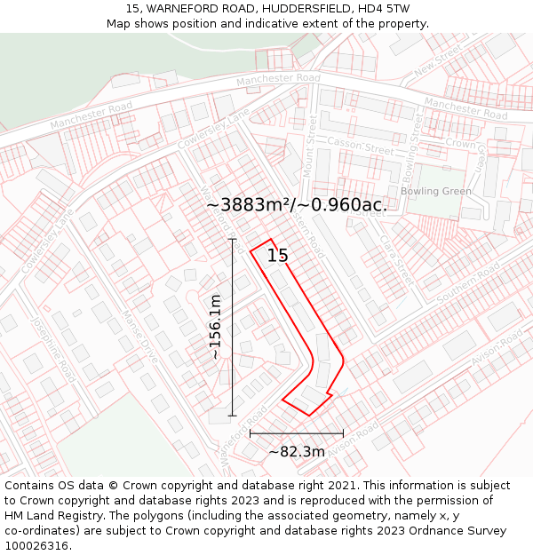15, WARNEFORD ROAD, HUDDERSFIELD, HD4 5TW: Plot and title map