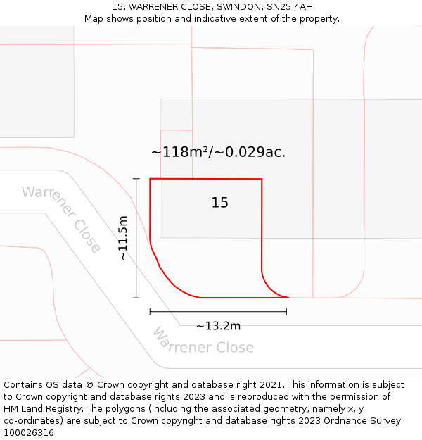 15, WARRENER CLOSE, SWINDON, SN25 4AH: Plot and title map