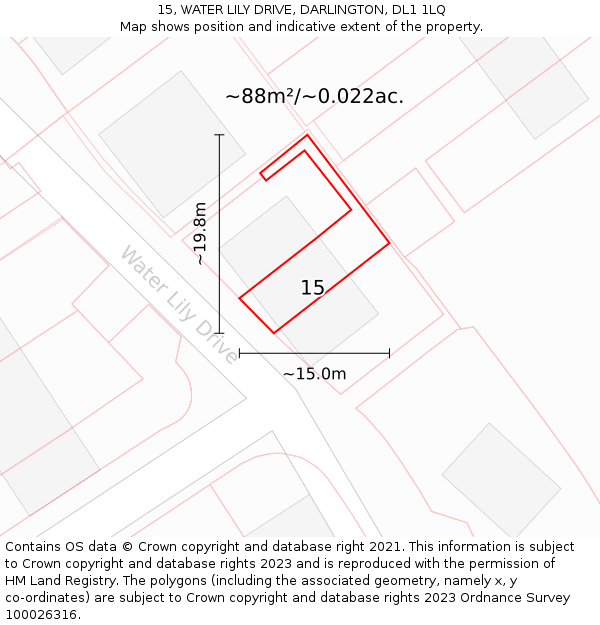 15, WATER LILY DRIVE, DARLINGTON, DL1 1LQ: Plot and title map