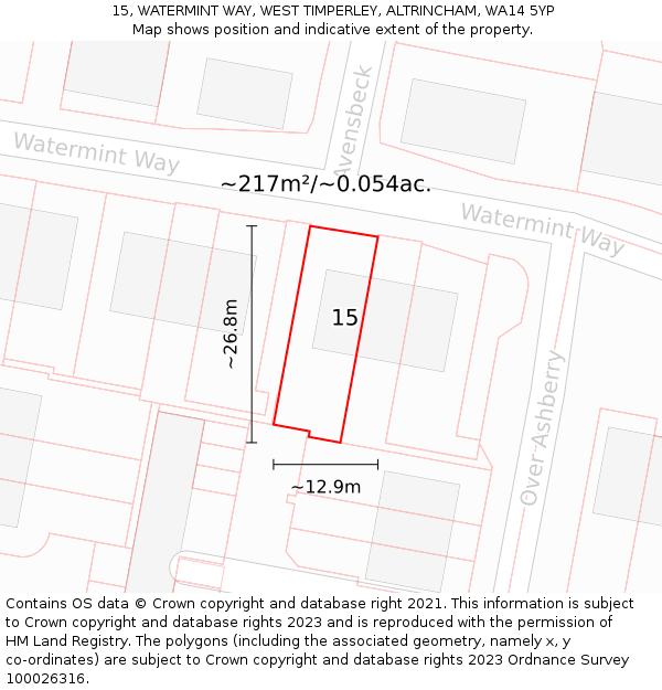 15, WATERMINT WAY, WEST TIMPERLEY, ALTRINCHAM, WA14 5YP: Plot and title map