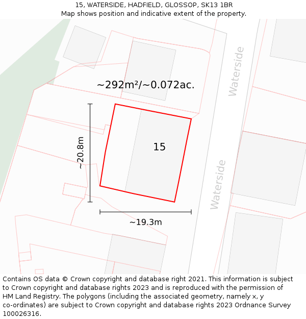 15, WATERSIDE, HADFIELD, GLOSSOP, SK13 1BR: Plot and title map