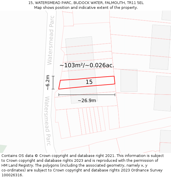 15, WATERSMEAD PARC, BUDOCK WATER, FALMOUTH, TR11 5EL: Plot and title map