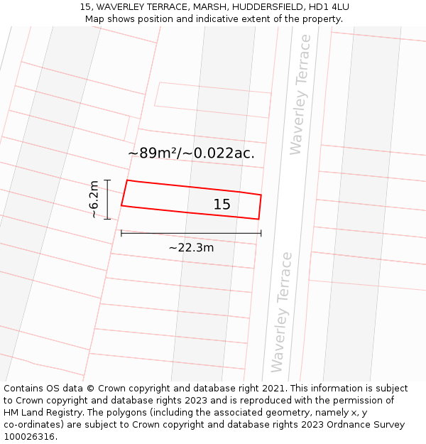 15, WAVERLEY TERRACE, MARSH, HUDDERSFIELD, HD1 4LU: Plot and title map