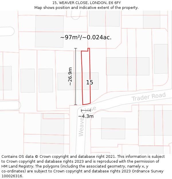 15, WEAVER CLOSE, LONDON, E6 6FY: Plot and title map