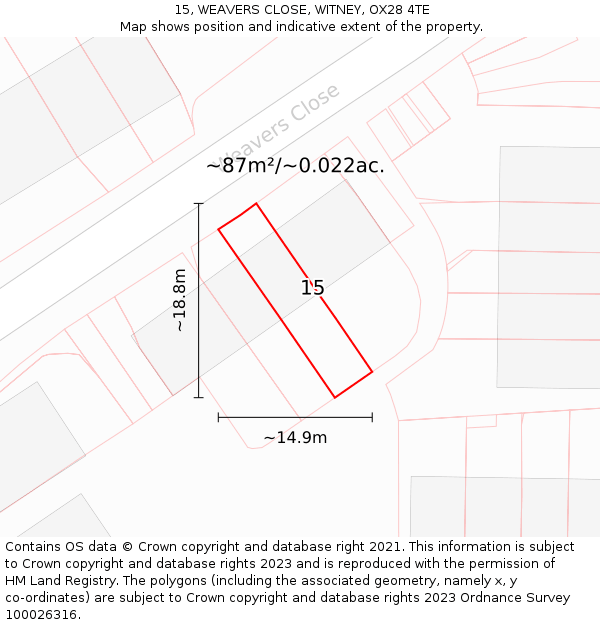 15, WEAVERS CLOSE, WITNEY, OX28 4TE: Plot and title map