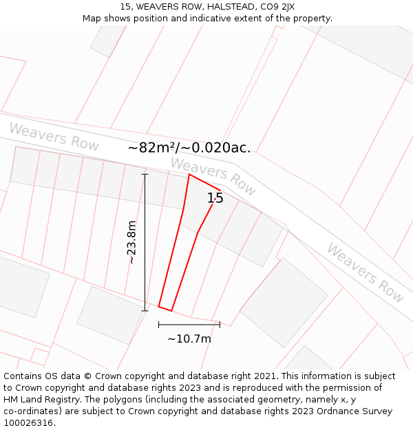 15, WEAVERS ROW, HALSTEAD, CO9 2JX: Plot and title map
