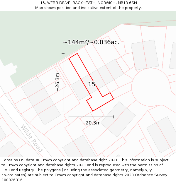 15, WEBB DRIVE, RACKHEATH, NORWICH, NR13 6SN: Plot and title map