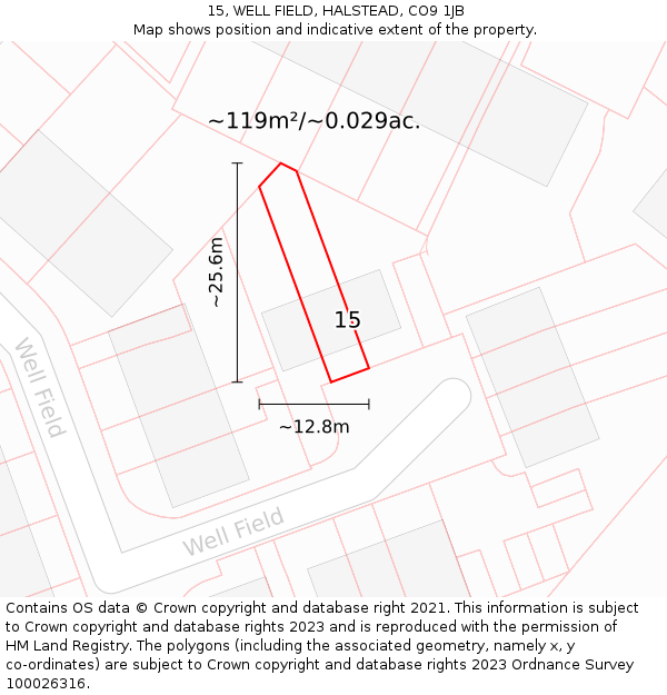 15, WELL FIELD, HALSTEAD, CO9 1JB: Plot and title map