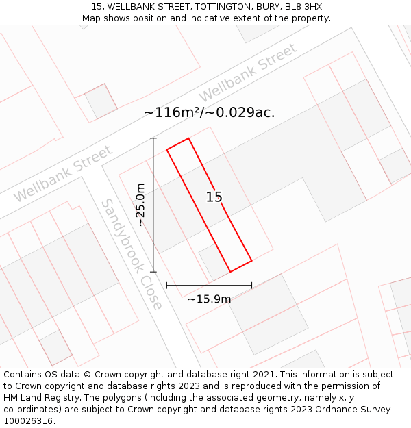 15, WELLBANK STREET, TOTTINGTON, BURY, BL8 3HX: Plot and title map
