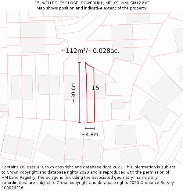 15, WELLESLEY CLOSE, BOWERHILL, MELKSHAM, SN12 6XT: Plot and title map