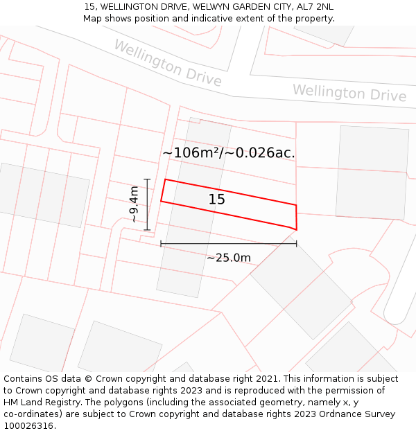 15, WELLINGTON DRIVE, WELWYN GARDEN CITY, AL7 2NL: Plot and title map