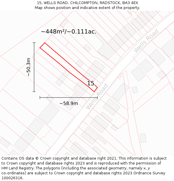 15, WELLS ROAD, CHILCOMPTON, RADSTOCK, BA3 4EX: Plot and title map