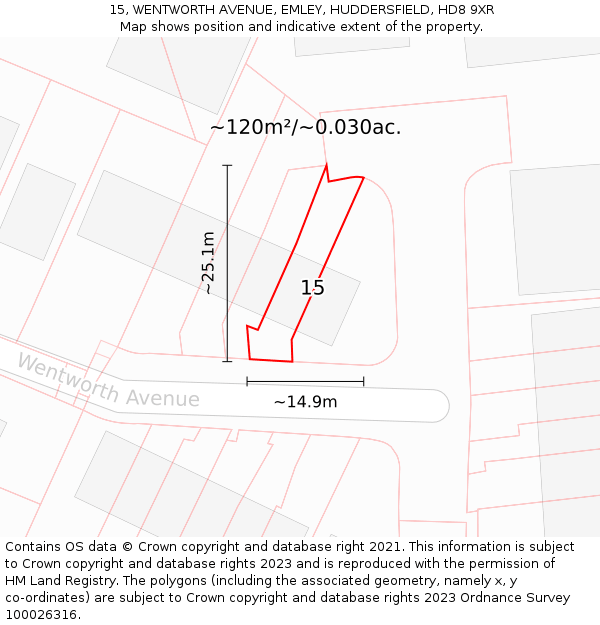 15, WENTWORTH AVENUE, EMLEY, HUDDERSFIELD, HD8 9XR: Plot and title map