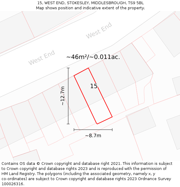 15, WEST END, STOKESLEY, MIDDLESBROUGH, TS9 5BL: Plot and title map
