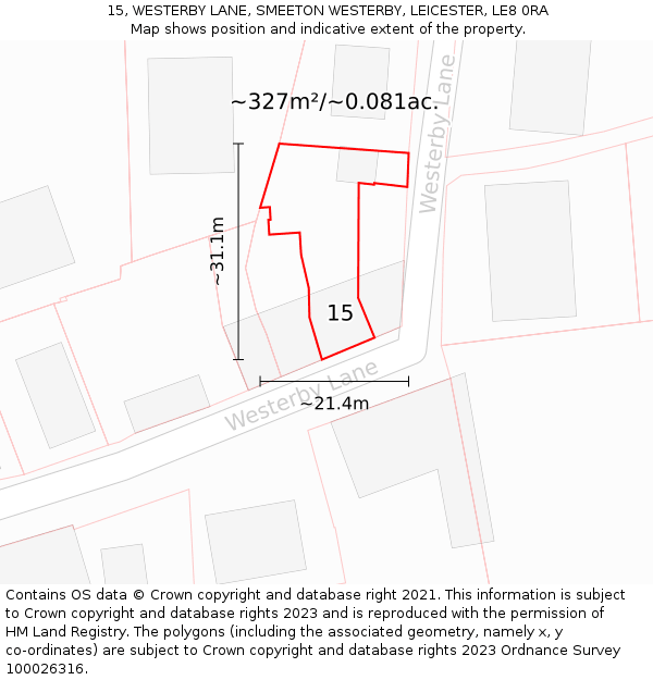 15, WESTERBY LANE, SMEETON WESTERBY, LEICESTER, LE8 0RA: Plot and title map