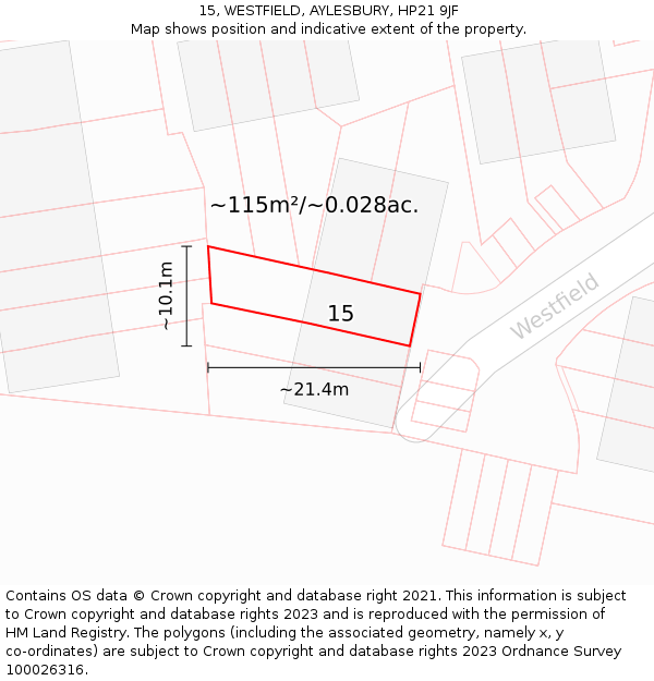 15, WESTFIELD, AYLESBURY, HP21 9JF: Plot and title map