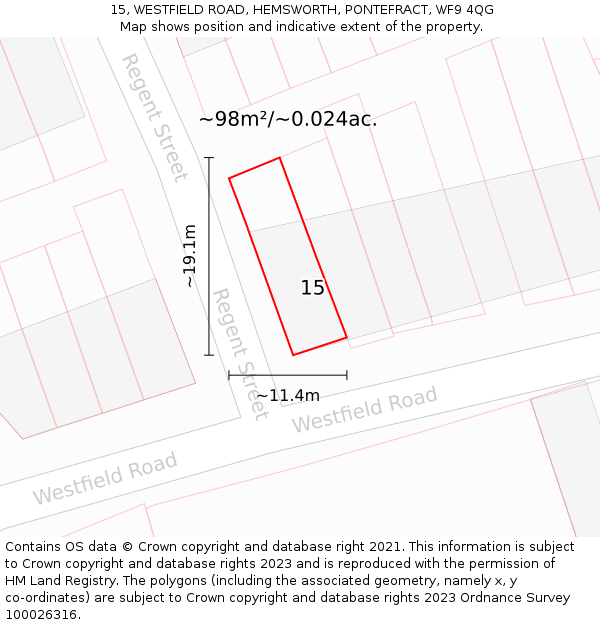 15, WESTFIELD ROAD, HEMSWORTH, PONTEFRACT, WF9 4QG: Plot and title map