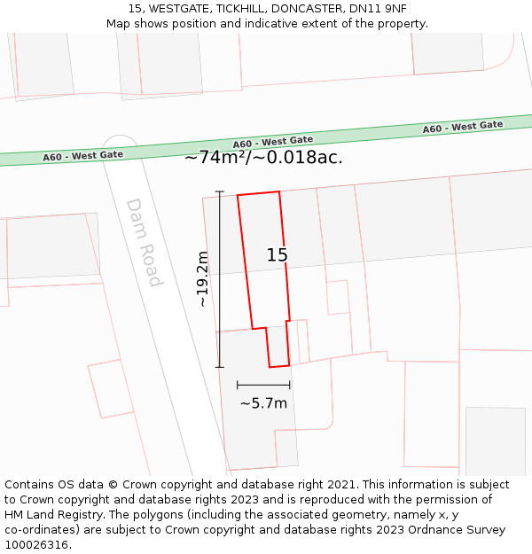 15, WESTGATE, TICKHILL, DONCASTER, DN11 9NF: Plot and title map