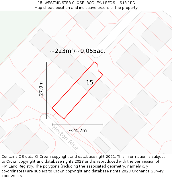 15, WESTMINSTER CLOSE, RODLEY, LEEDS, LS13 1PD: Plot and title map
