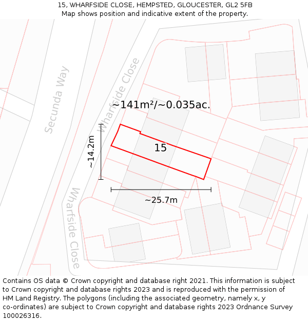 15, WHARFSIDE CLOSE, HEMPSTED, GLOUCESTER, GL2 5FB: Plot and title map