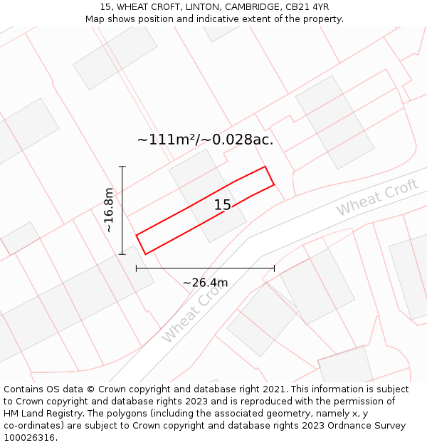 15, WHEAT CROFT, LINTON, CAMBRIDGE, CB21 4YR: Plot and title map