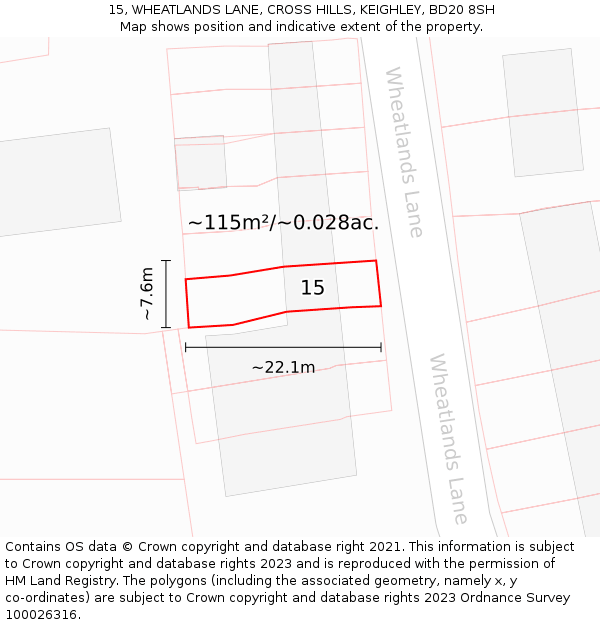15, WHEATLANDS LANE, CROSS HILLS, KEIGHLEY, BD20 8SH: Plot and title map